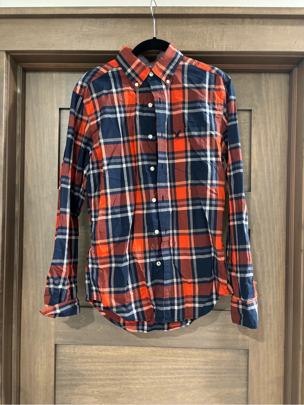 American Eagle Outfitters Orange and Navy Plaid Button-Down Shirt